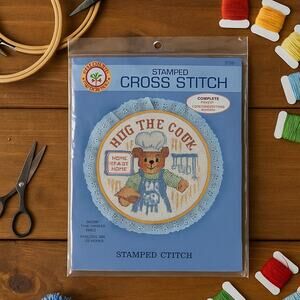 Vintage 1986 Colortex “Hug the Cook” Bear Stamped Cross Stitch Kit – Sealed